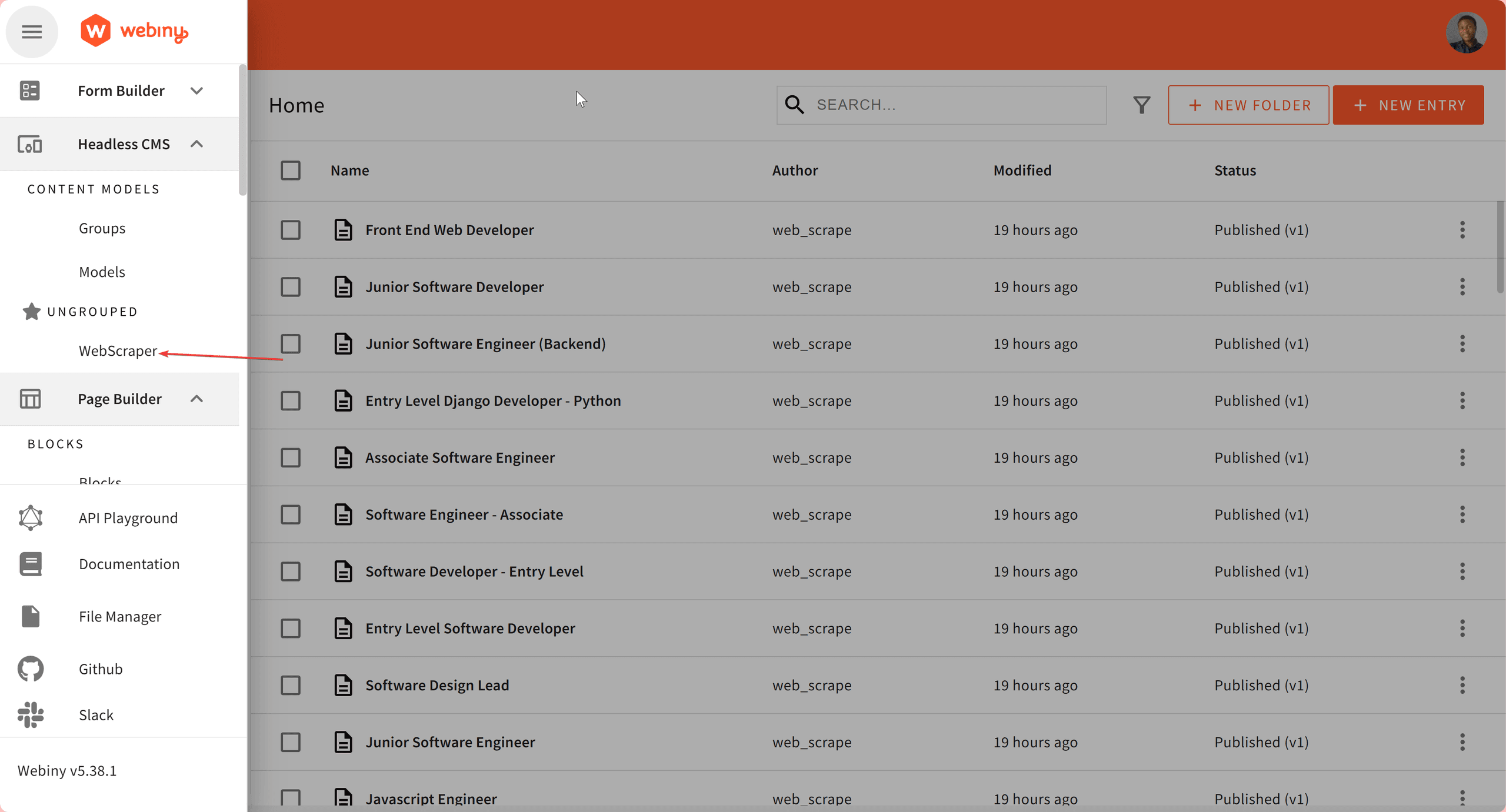 Published Scraped Data on Webiny Headless CMS