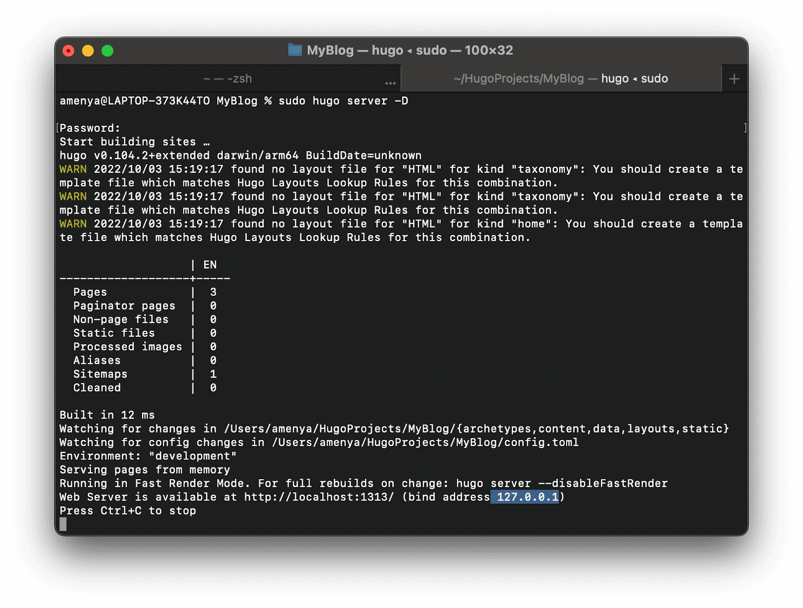 The output after successful deployment of Hugo site on the local server. 