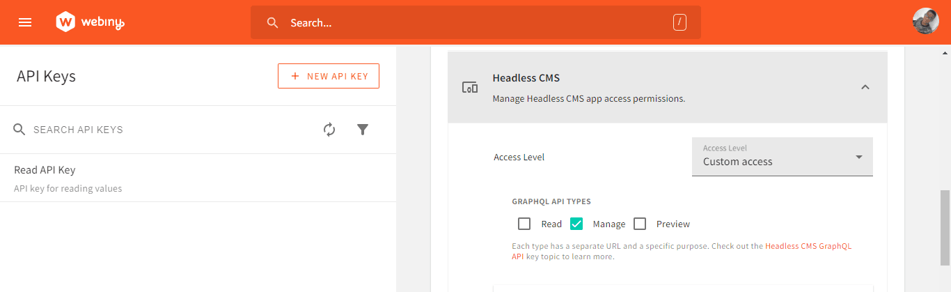 Setting up the manage API key