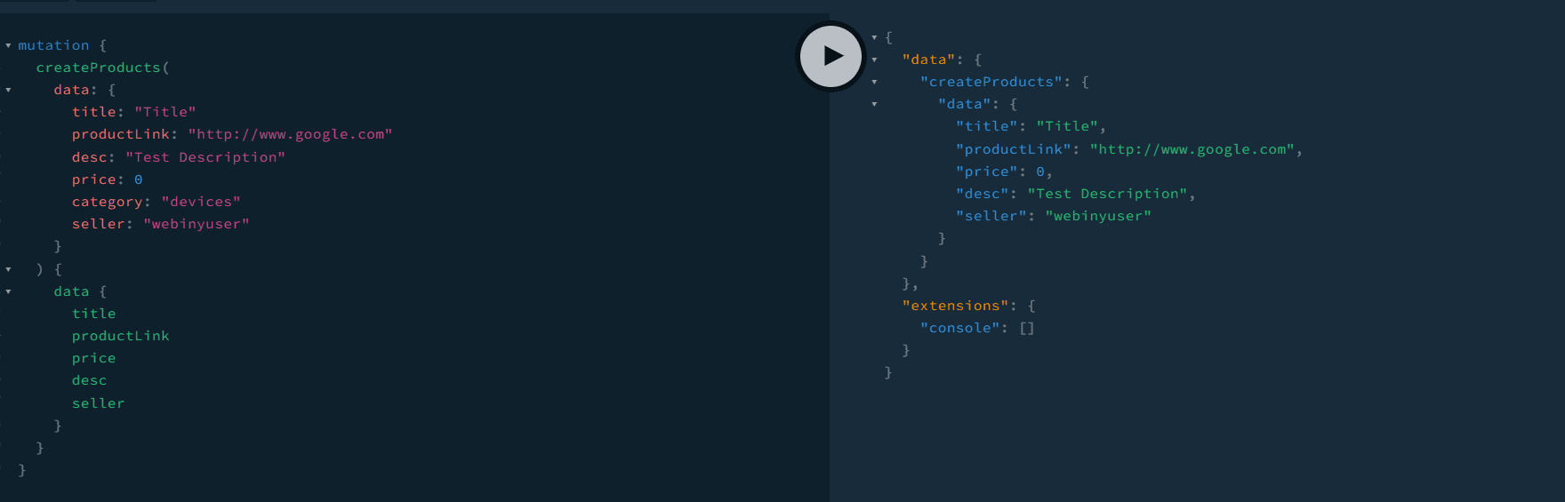 Webiny API Playground - mutation test results