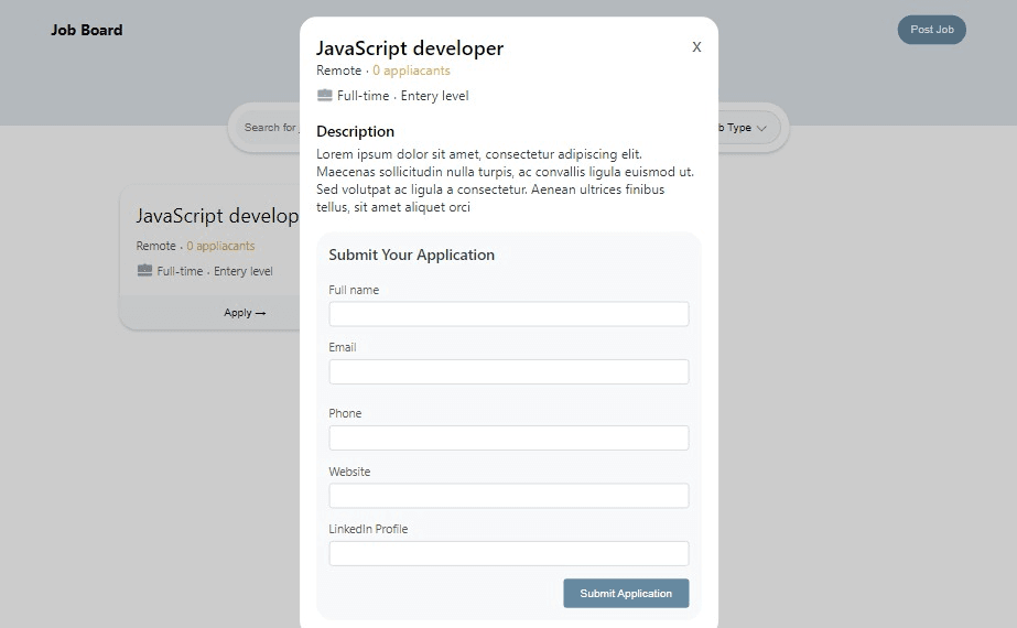 Interface for applying for a job