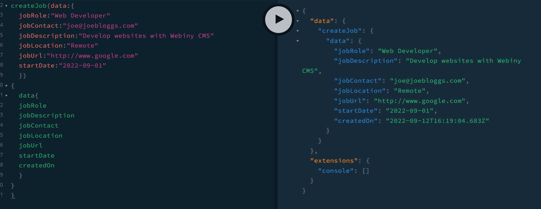 Screenshot of the graphql create job mutation