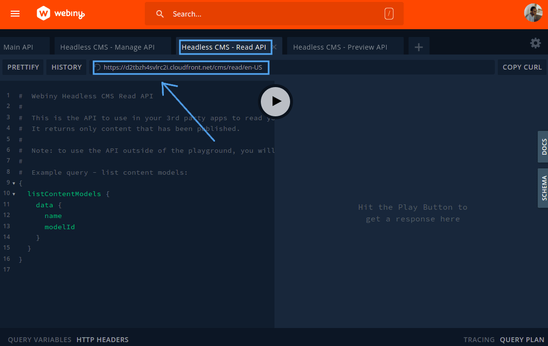 API Playground showing the Read API URL