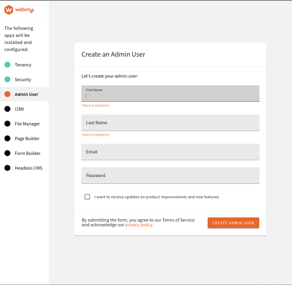 Creating an admin user