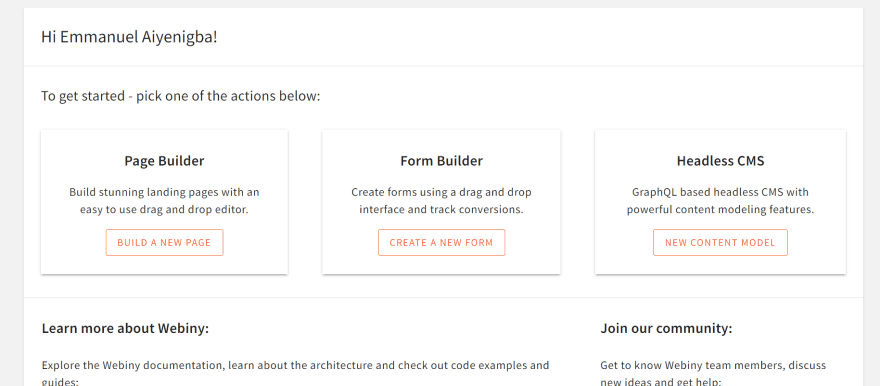 Webiny welcome screen
