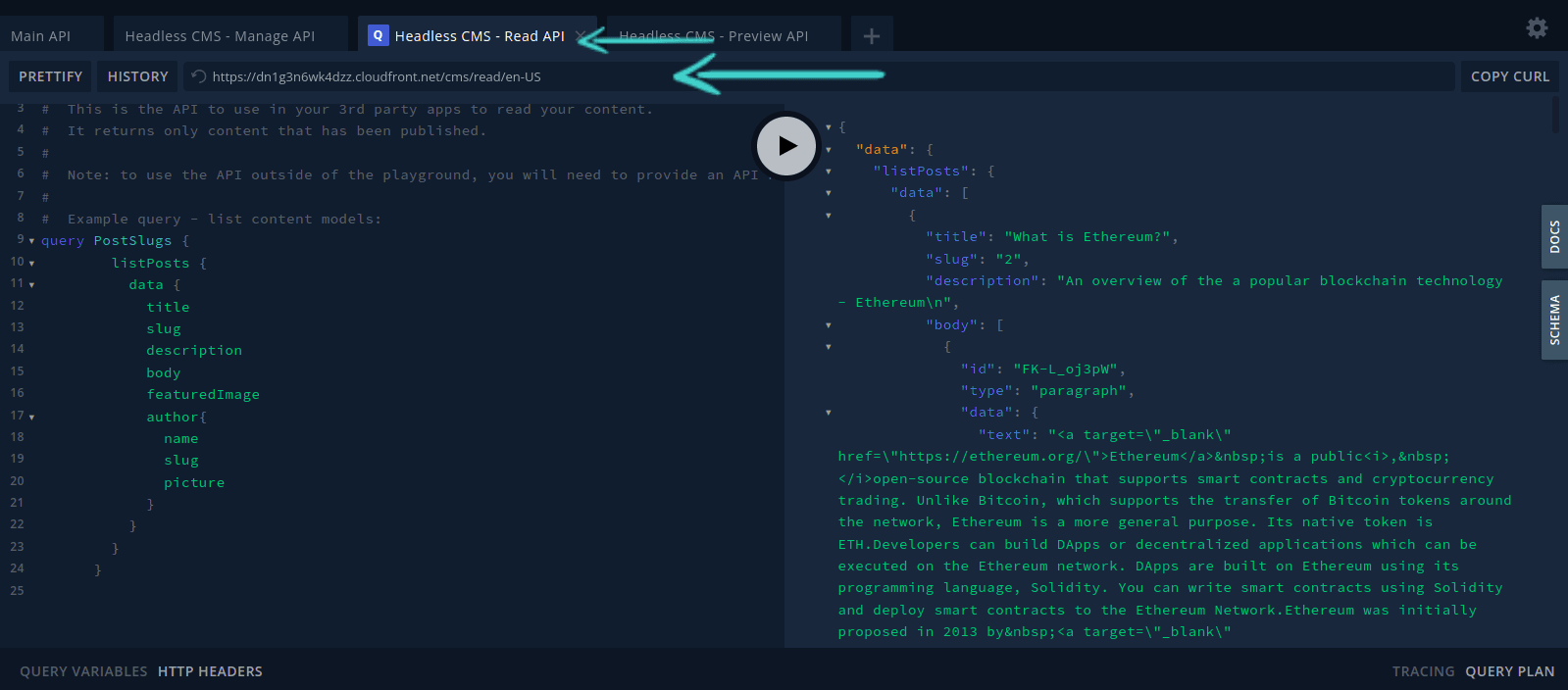 Headless CMS Read API URL indicator