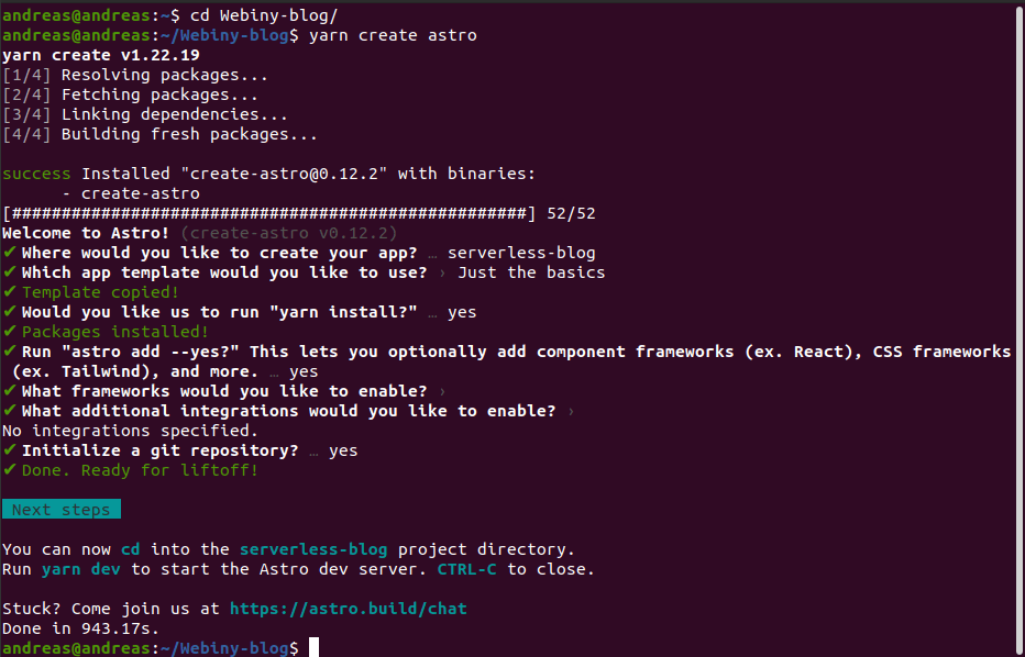 Astro init terminal output