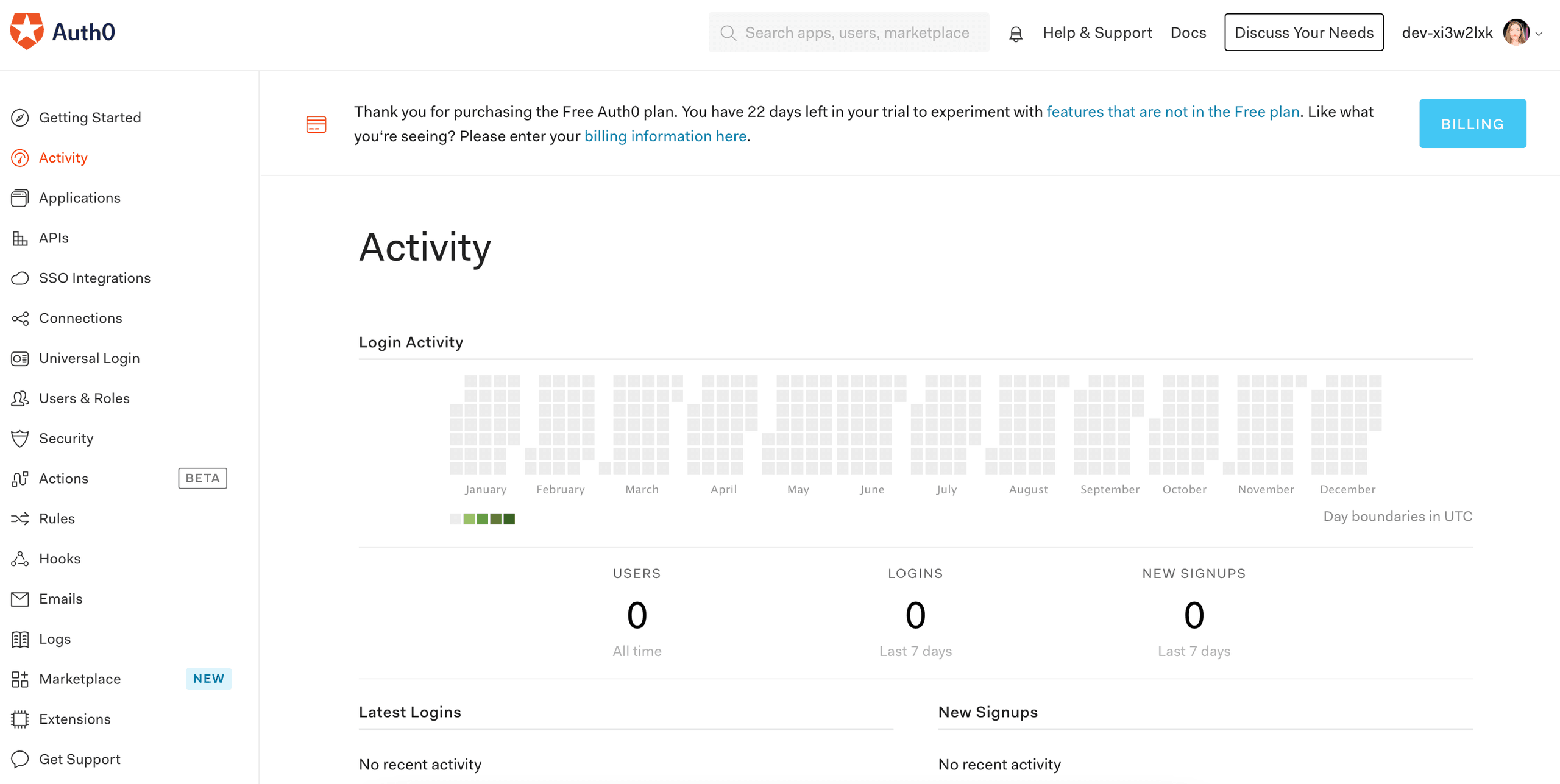 Auth0 dashboard