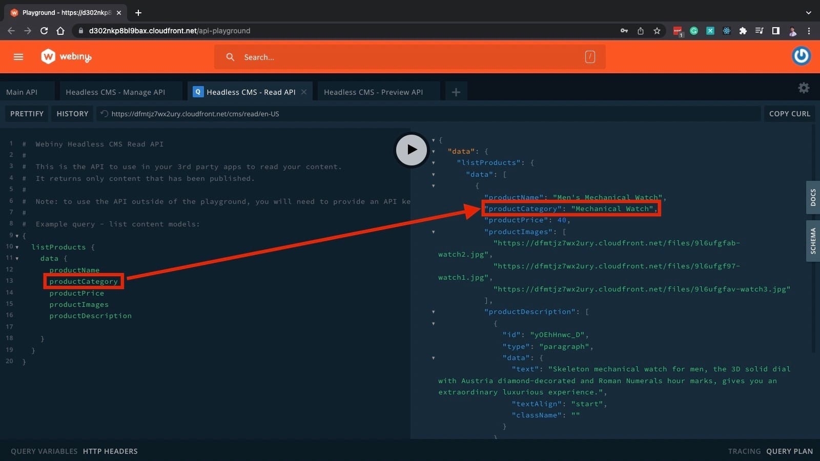 our new field populated in the graphql response