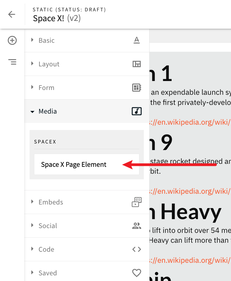 SpaceX Page Element in the Elements Menu (Media category)