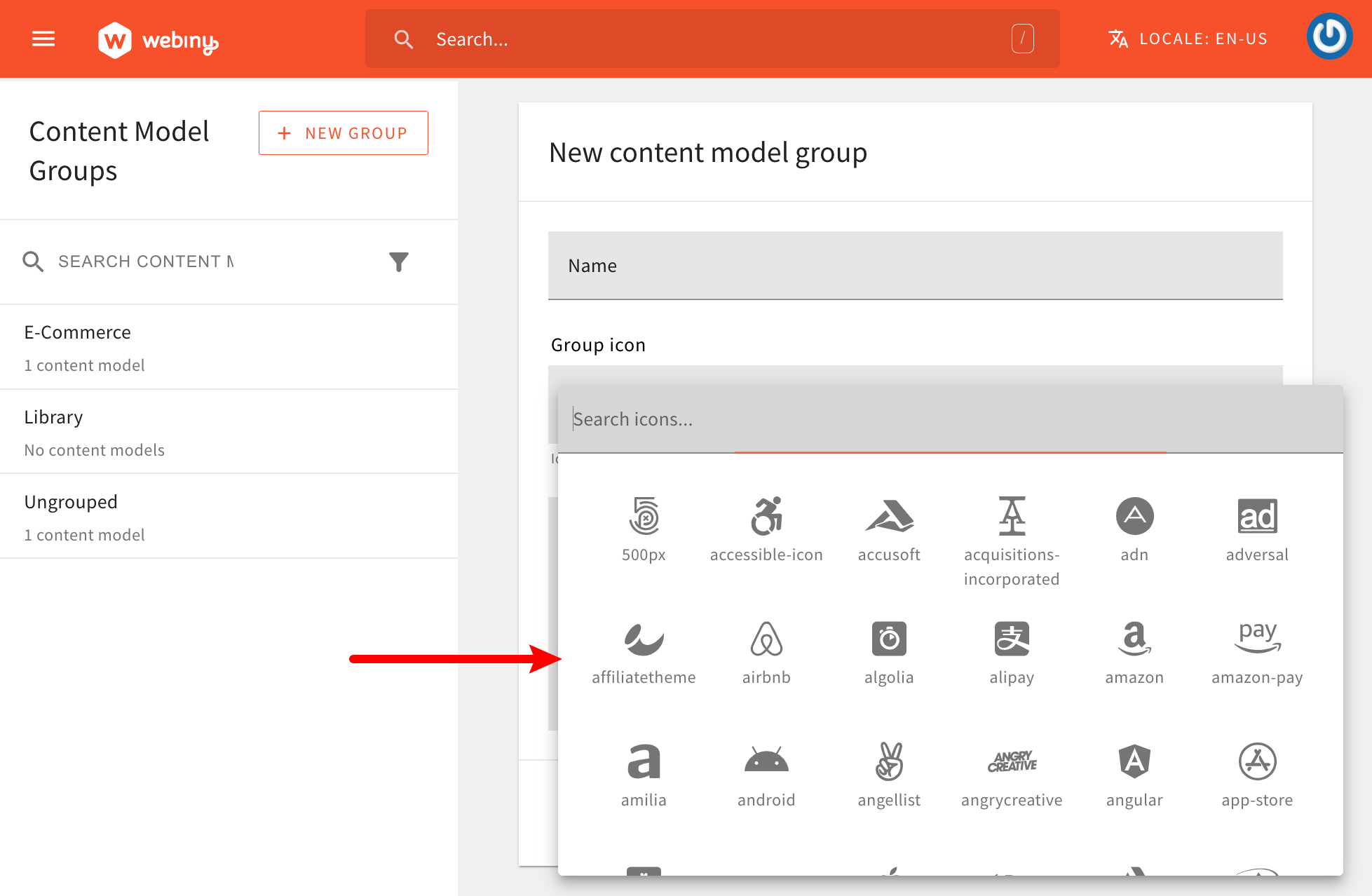Content Model Groups Form - Icon Selector