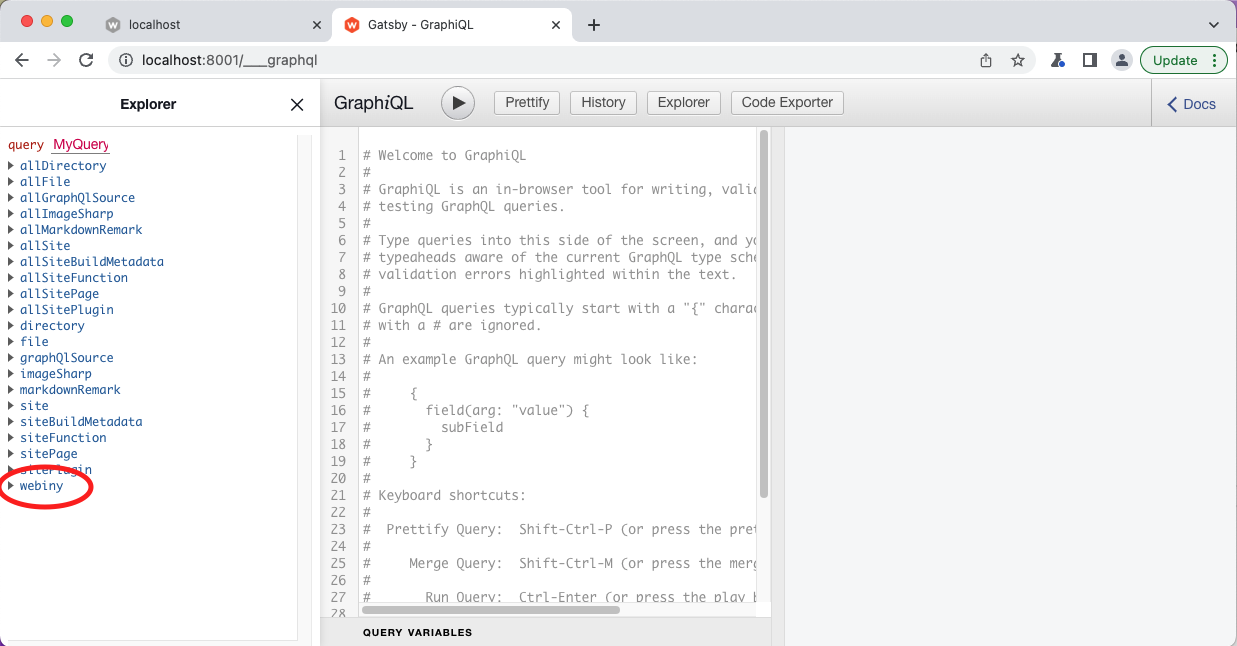 Gatsby's GraphQL IDE showing the API connection was successful