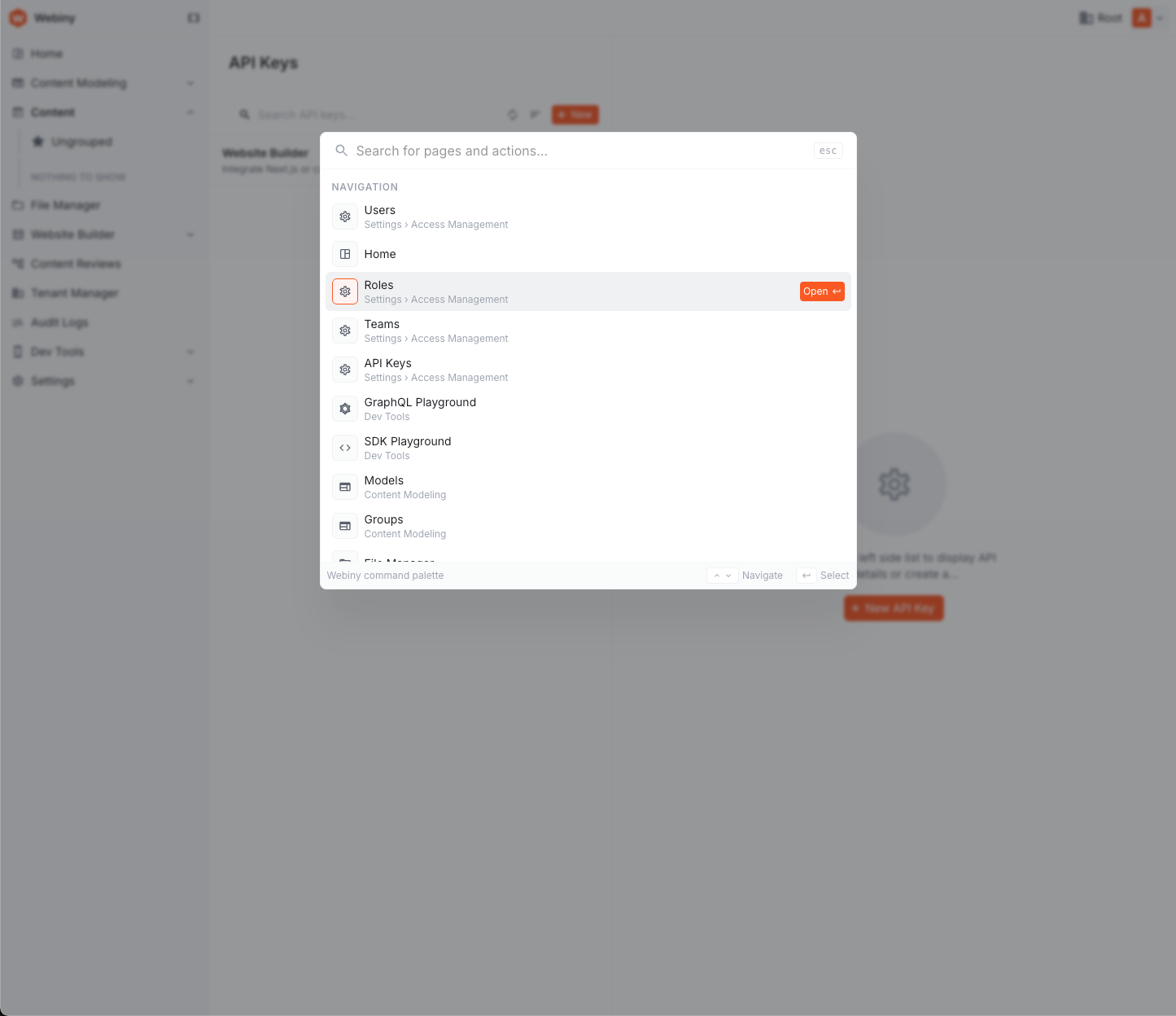 Command palette open over the admin app, listing navigation destinations