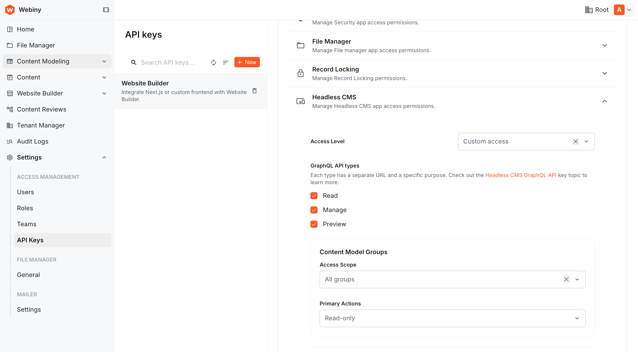 Webiny Admin API Keys screen showing Headless CMS permissions with Read, Manage, and Preview options
