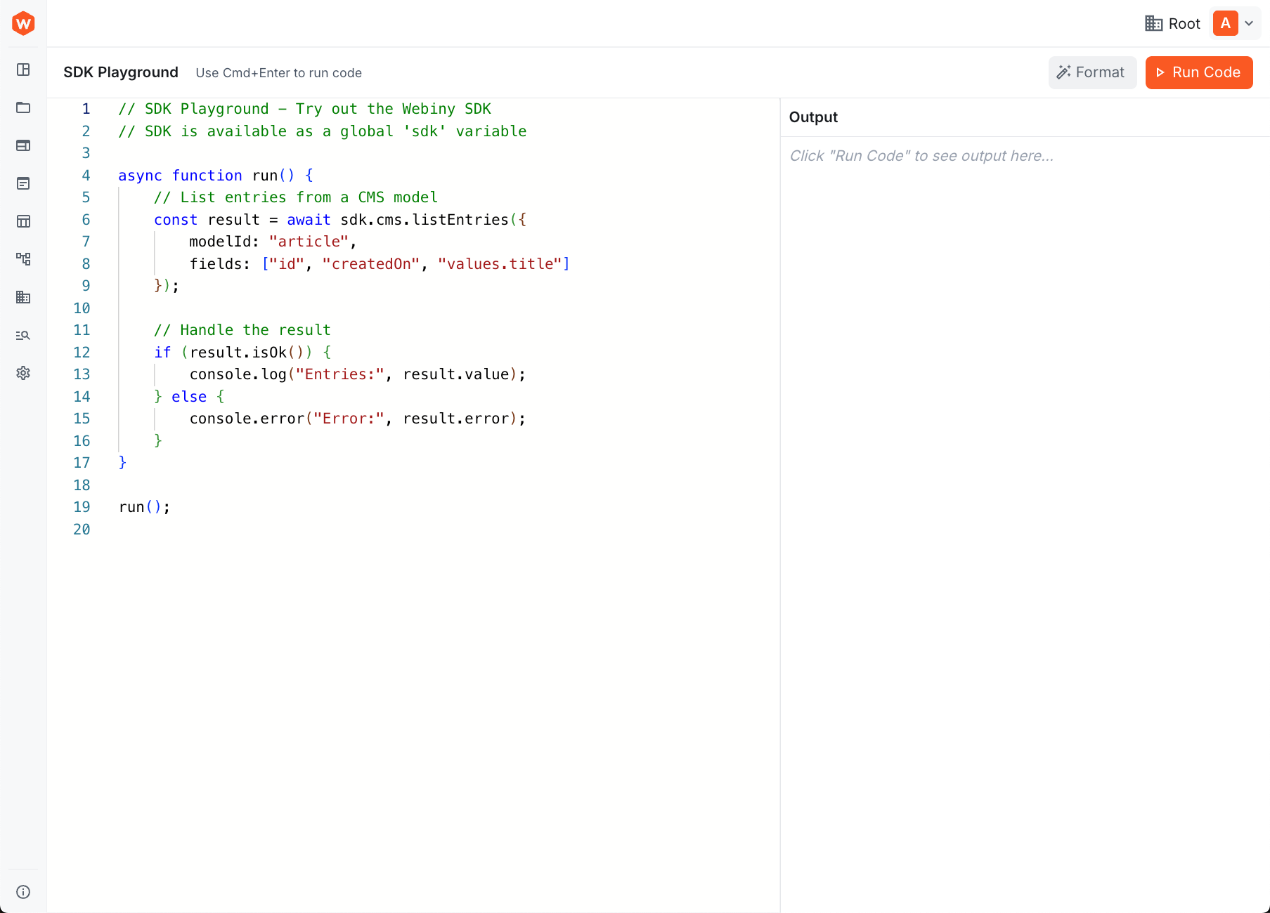 SDK Playground interface showing code editor with sample SDK code and output panel