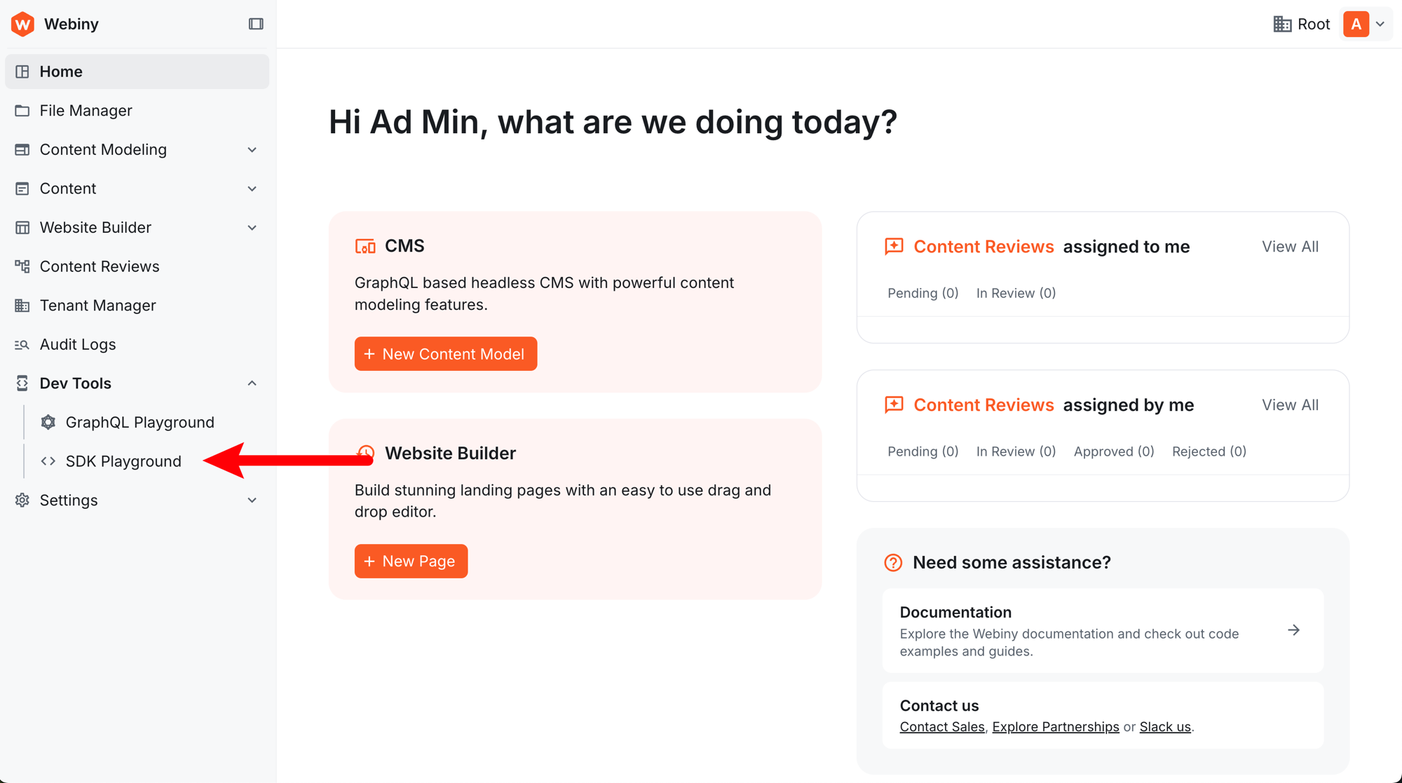 Webiny Admin sidebar showing the Dev Tools section with SDK Playground option highlighted