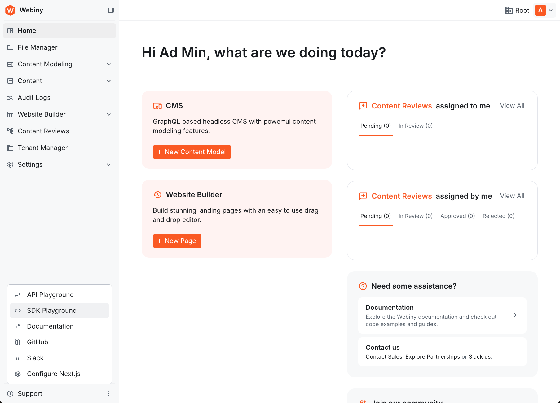 Webiny Admin sidebar showing the Support menu with SDK Playground option