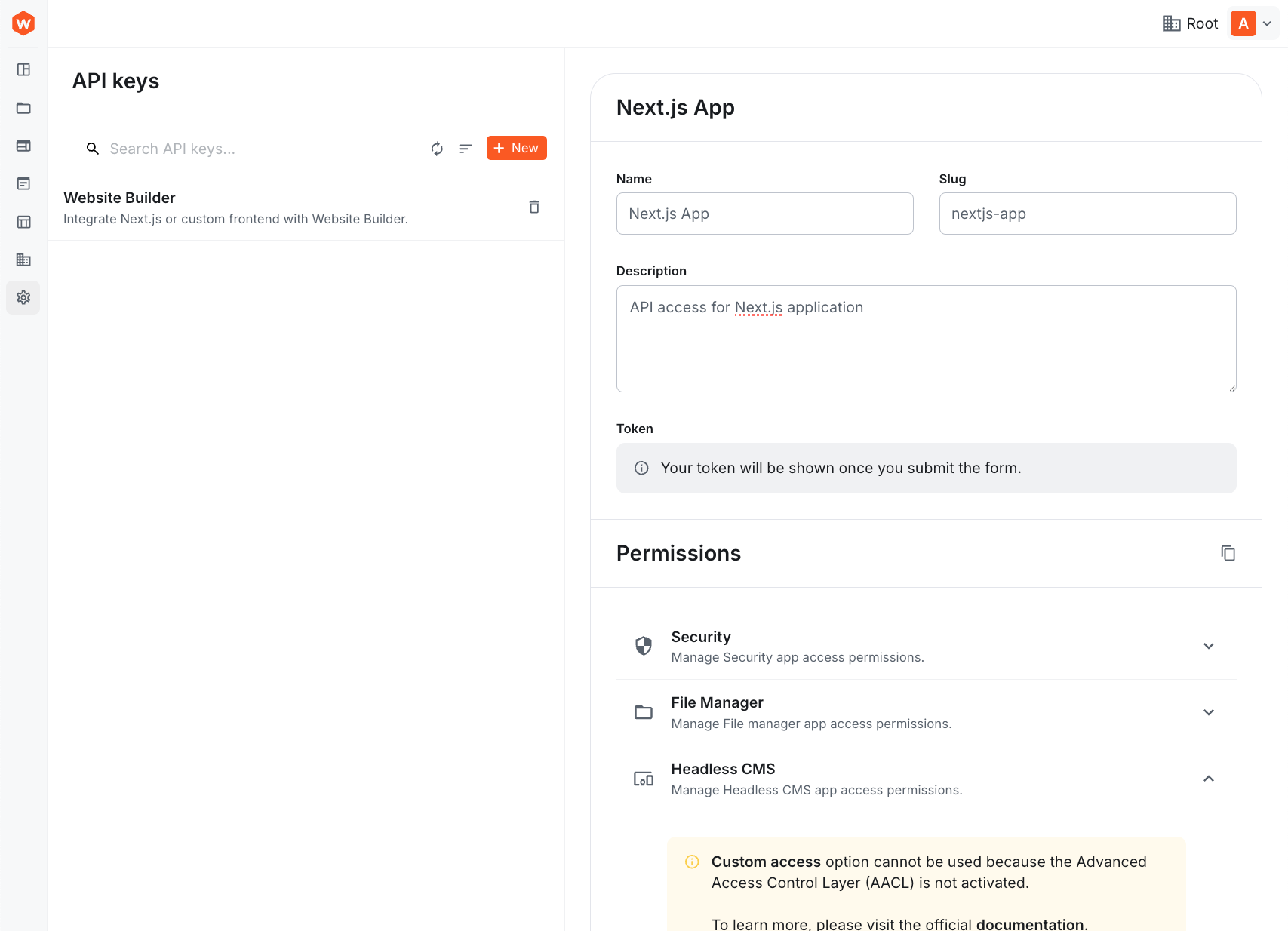 API key form with Name, Description, and Permissions sections