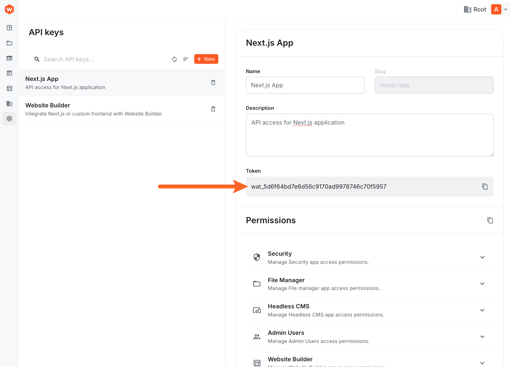API key form showing the generated token with copy button