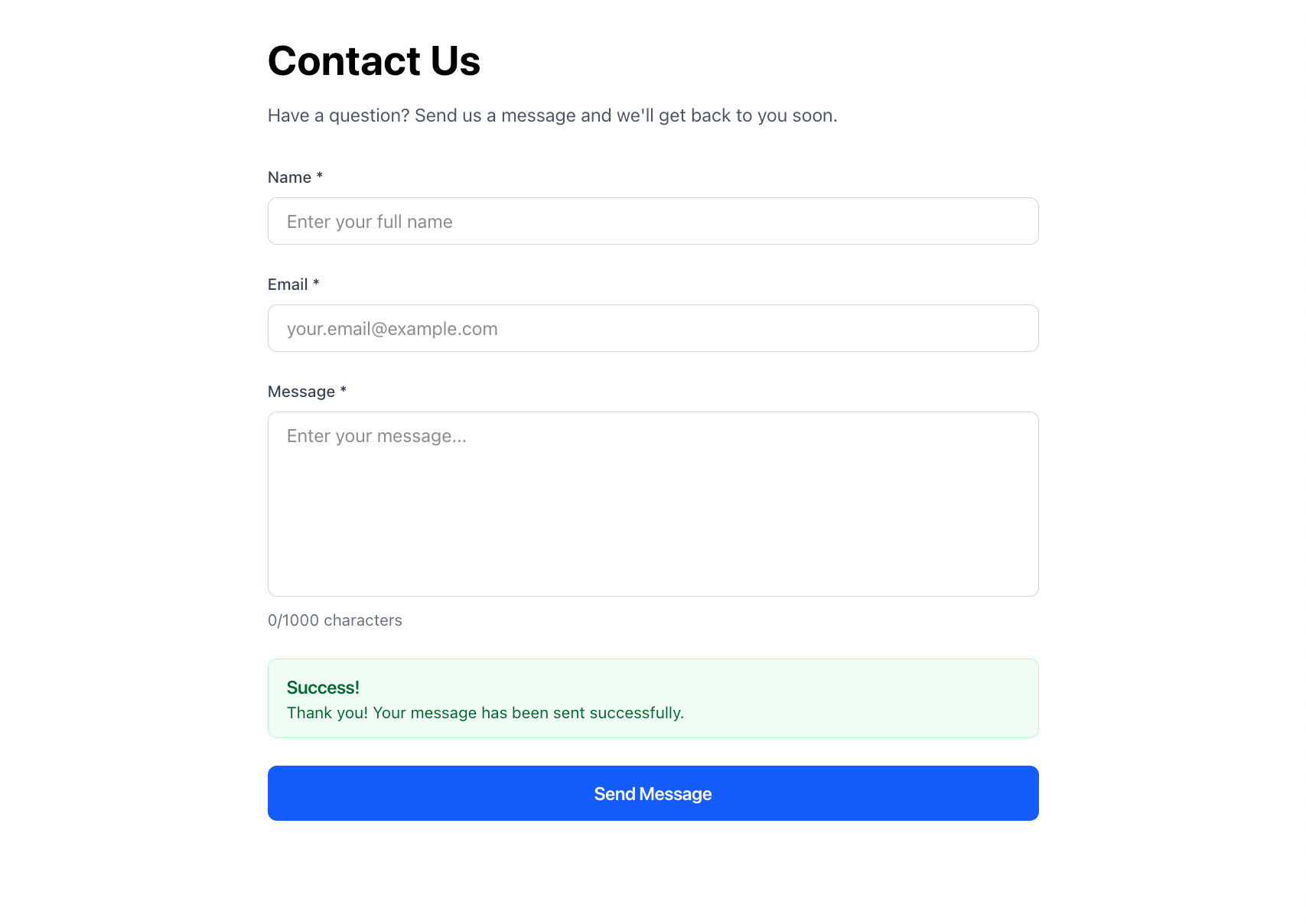 Contact form showing success message after submission with cleared form fields