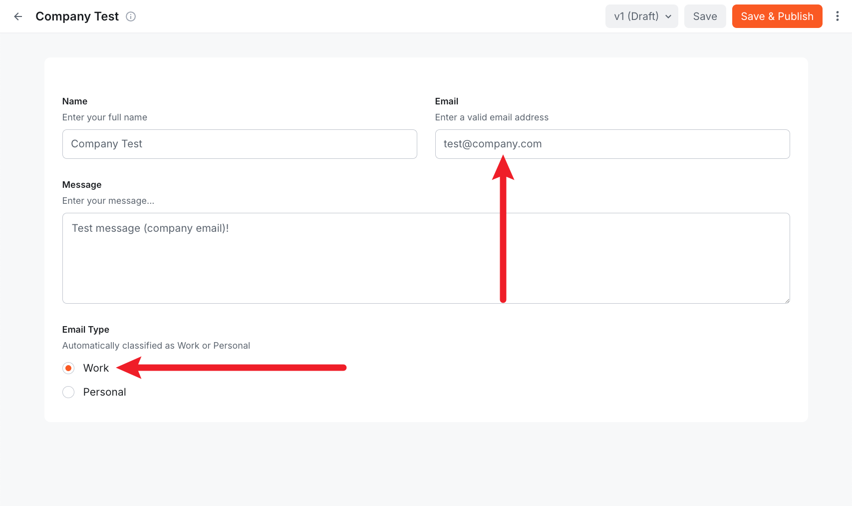 Webiny Admin showing Contact Submissions with Email Type field automatically selected as Work