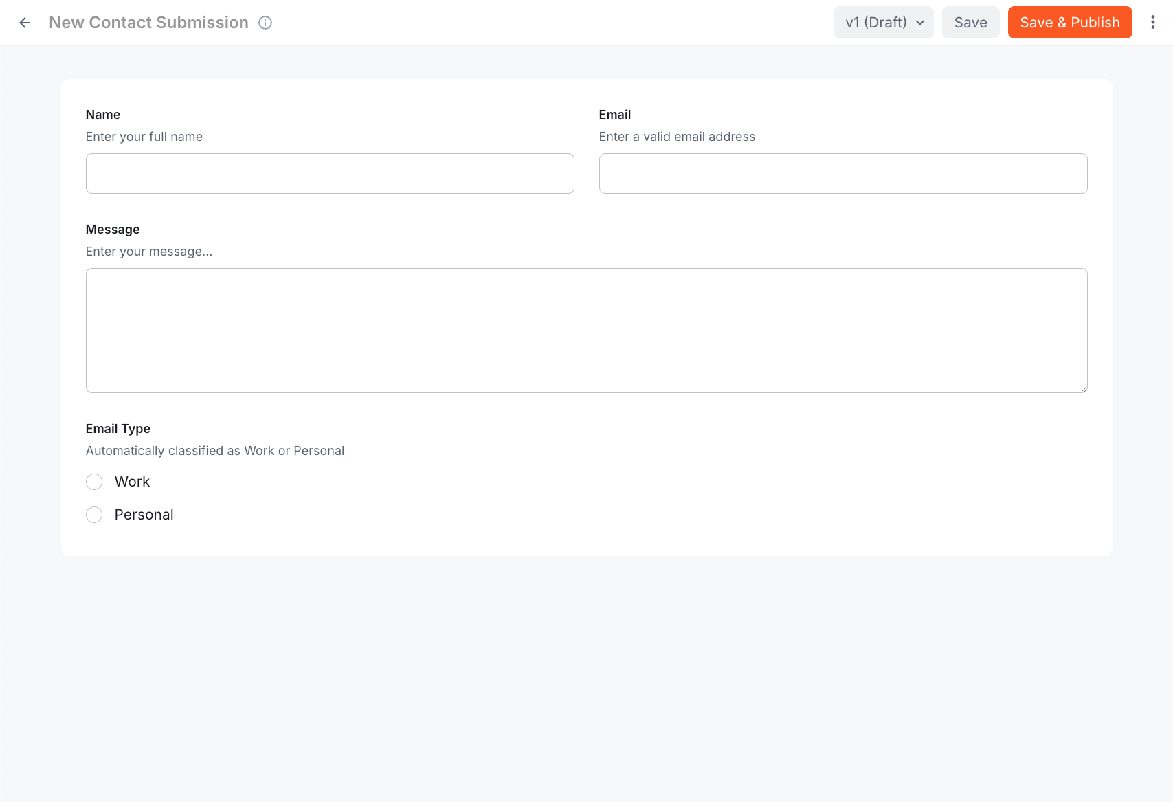 Contact Submission form in Webiny Admin showing the new Email Type radio buttons