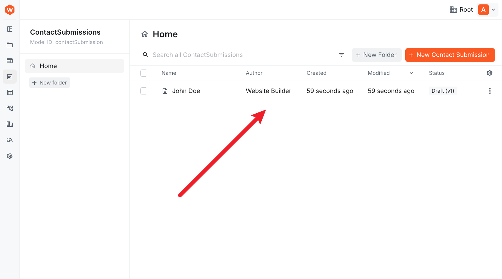 Webiny Admin showing Contact Submissions list with a new entry from John Doe