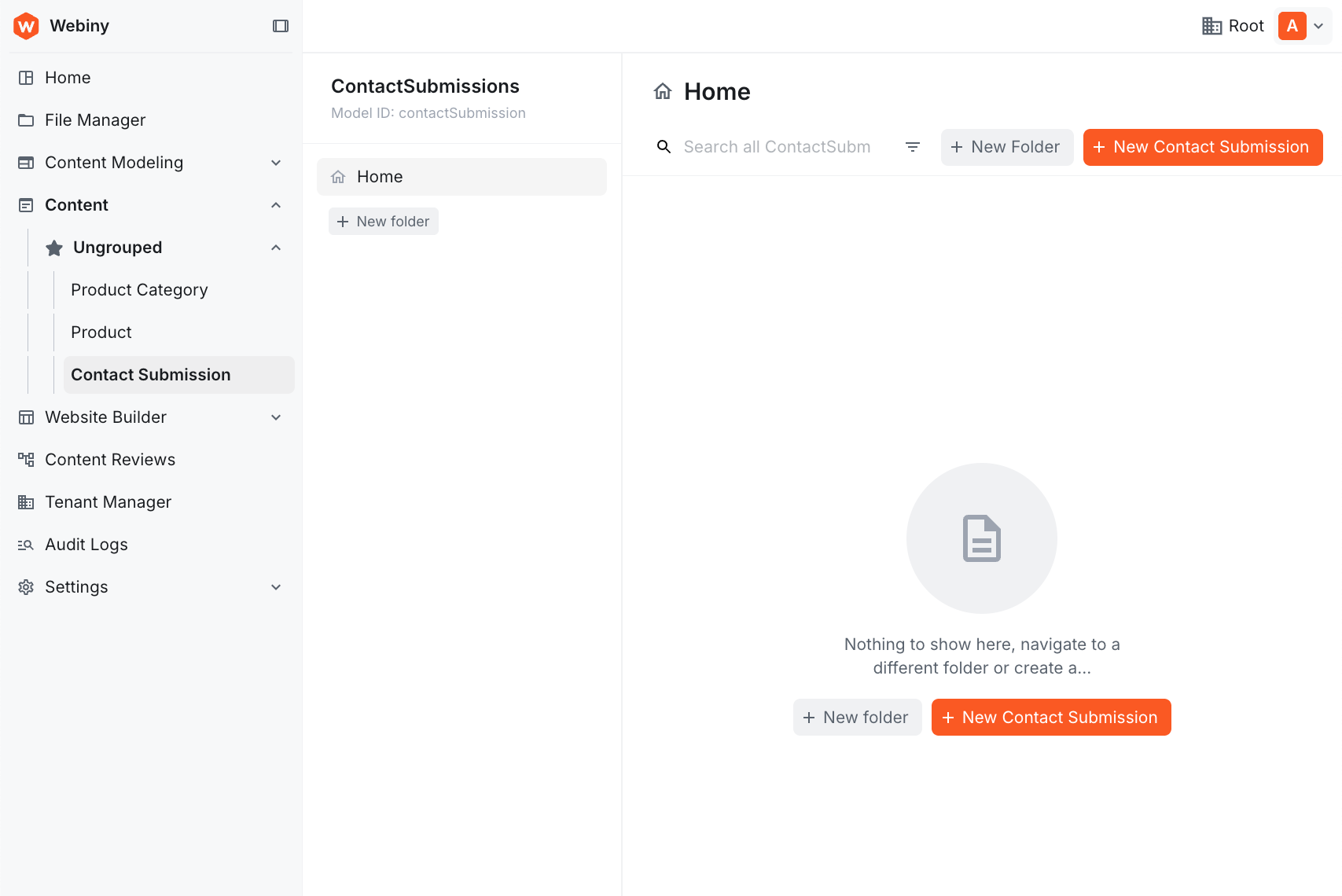 Webiny Admin sidebar showing Contact Submission menu item under Ungrouped content section