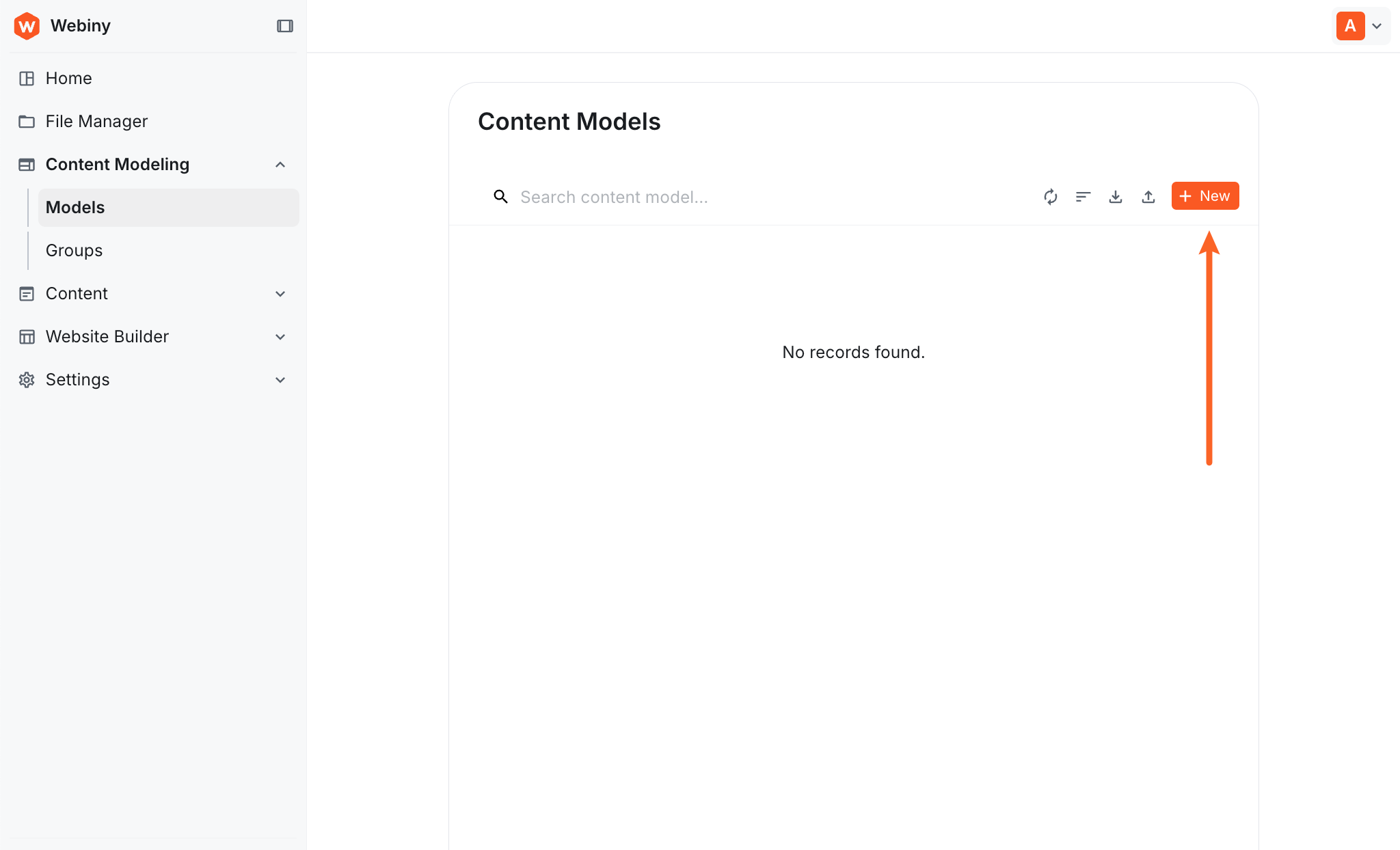 Content Modeling menu in Webiny Admin