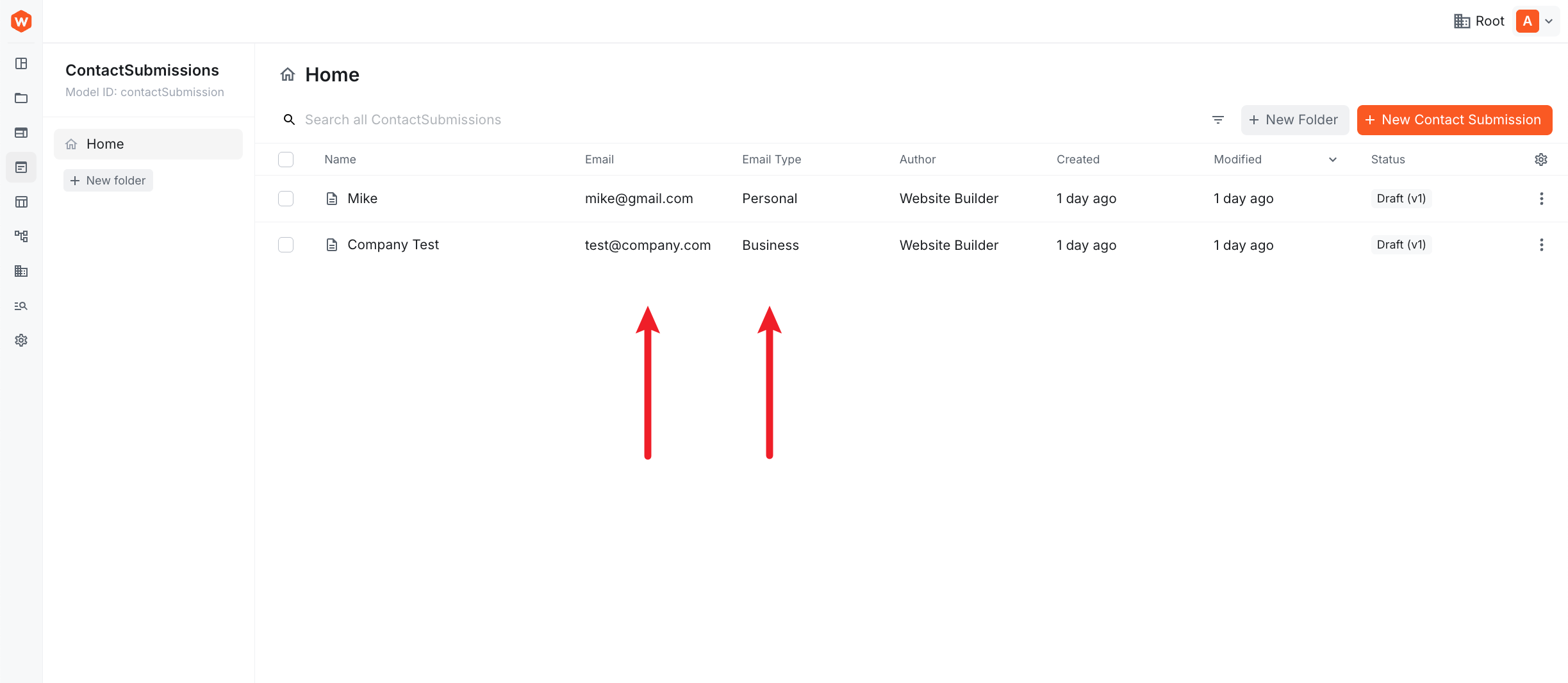Webiny Admin showing Contact Submissions list with custom Email and Email Type columns positioned right after the Name column