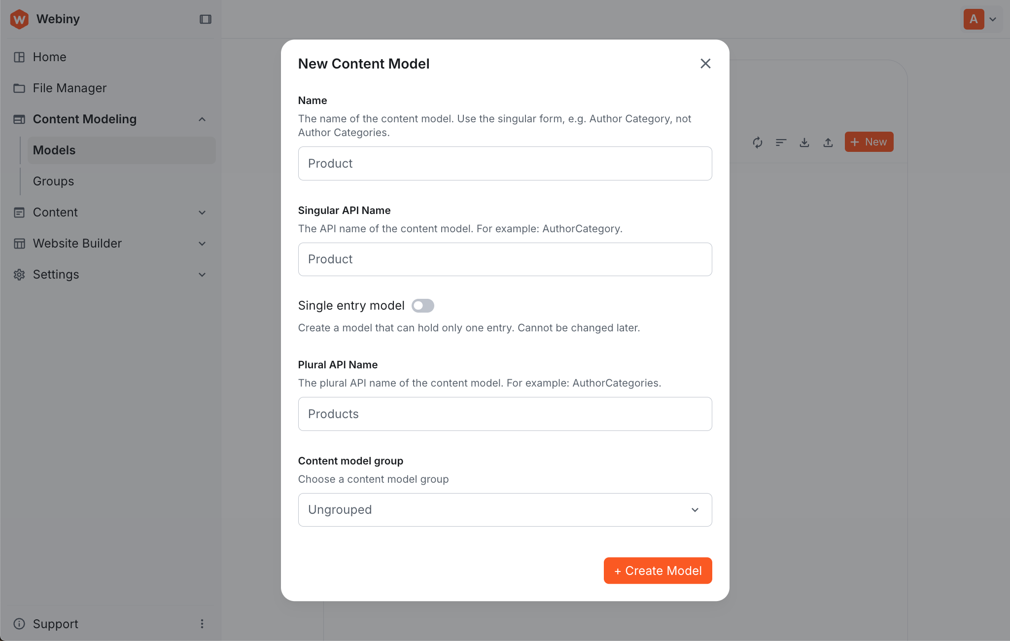 New Content Model dialog