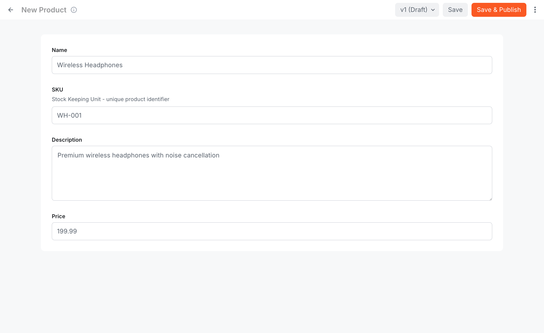 New Product form with filled fields