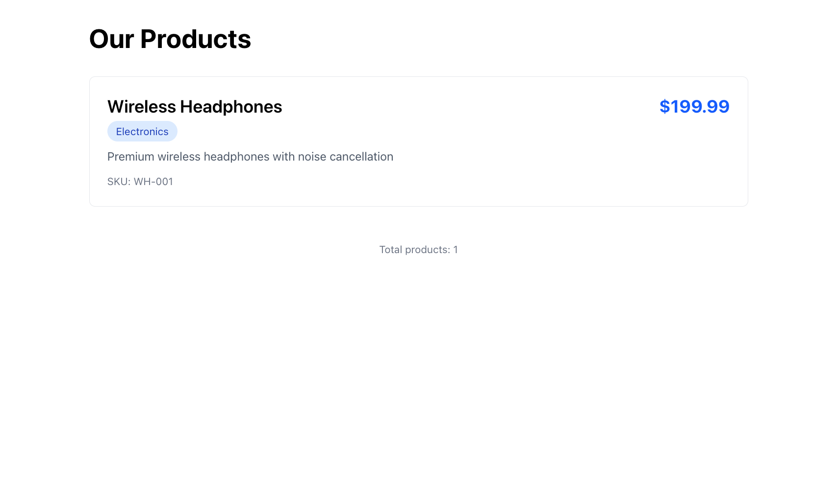 Homepage showing a list of products fetched from Webiny CMS with name, description, price and SKU