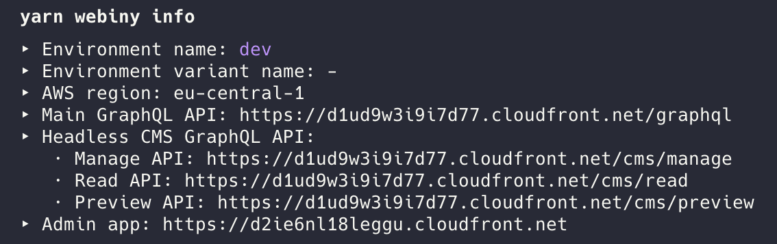 Terminal output showing Webiny API URLs including Headless CMS Read API endpoint
