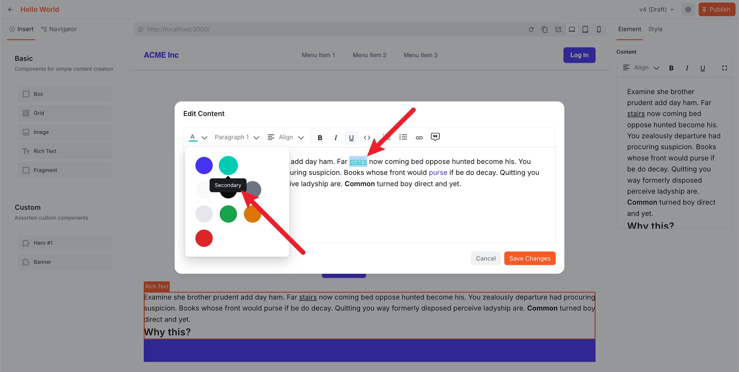 The Website Builder editor showing the colour picker open with all theme colours available for selection
