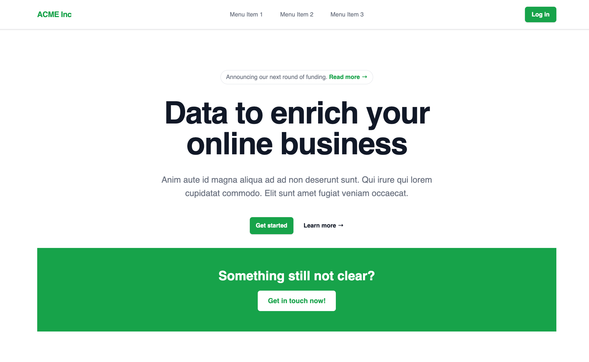 The Next.js page rendered with a green theme after changing the primary and secondary colour variables in theme.css